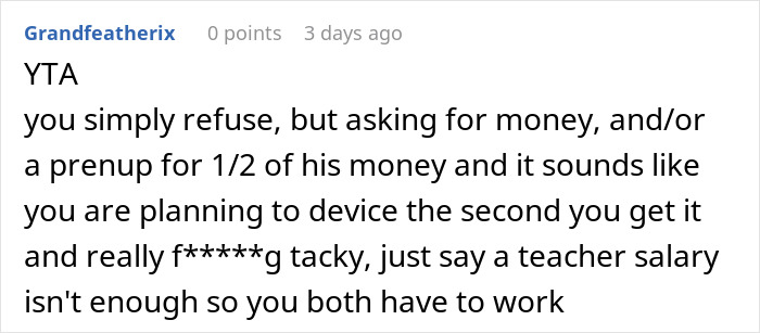 Screenshot of a forum comment discussing in-laws demanding a woman quit her job as it’s emasculating their son. Screenshot of a forum comment discussing in-laws demanding a woman quit her job as it’s emasculating their son.