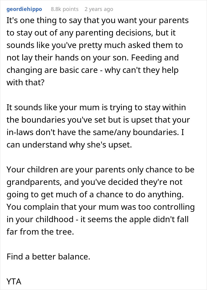 Text post discussing a mom being overprotective and not allowing her to help with baby care, unlike her son's in-laws. Text post discussing a mom being overprotective and not allowing her to help with baby care, unlike her son's in-laws.