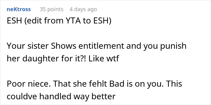 Screenshot of a social media comment discussing family drama over cake payment and party cancelation involving sister and aunt. Screenshot of a social media comment discussing family drama over cake payment and party cancelation involving sister and aunt.