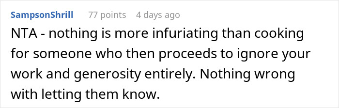 Comment discussing family’s entitled behavior and frustration with cooking for ungrateful relatives online.