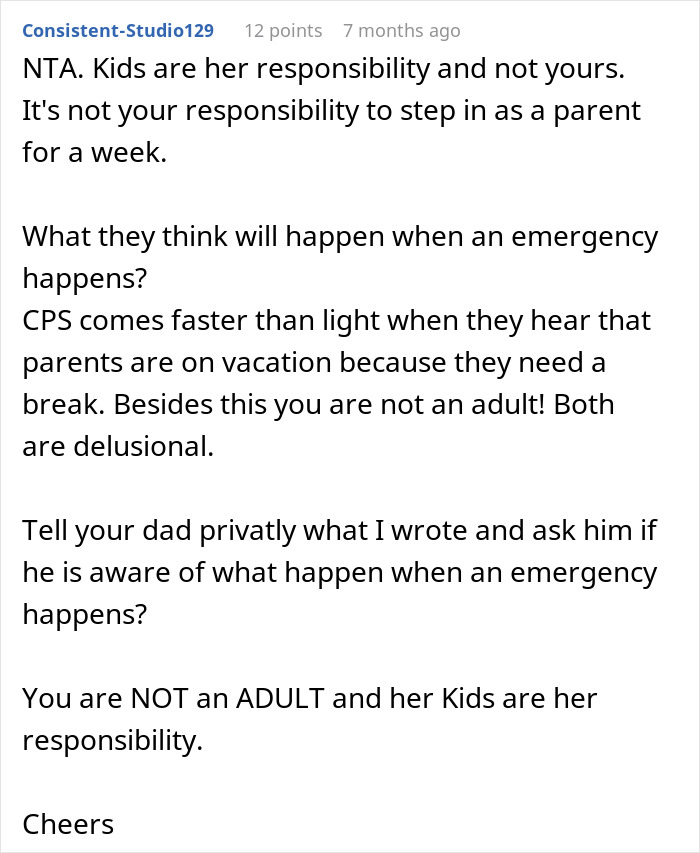 Comment discussing teen refusing babysitting step-siblings, emphasizing it's not their responsibility or a full-time job. Comment discussing teen refusing babysitting step-siblings, emphasizing it's not their responsibility or a full-time job.