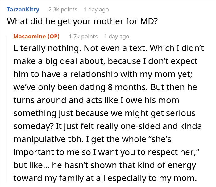 Screenshot of an online discussion about a man expecting his girlfriend to get his mom a Mother's Day gift after 8 months of dating. Screenshot of an online discussion about a man expecting his girlfriend to get his mom a Mother's Day gift after 8 months of dating.