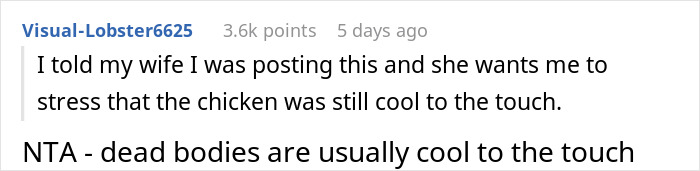 Screenshot of a Reddit comment discussing a wife leaving raw chicken in a car trunk, labeled a biohazard by the husband. Screenshot of a Reddit comment discussing a wife leaving raw chicken in a car trunk, labeled a biohazard by the husband.