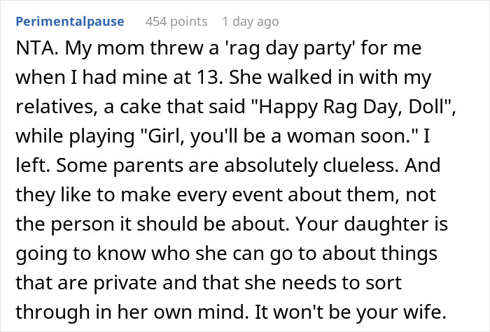 ALT text: Screenshot of a discussion about a mom wanting to give her 12yo daughter a menstruation celebration but going too far. ALT text: Screenshot of a discussion about a mom wanting to give her 12yo daughter a menstruation celebration but going too far.