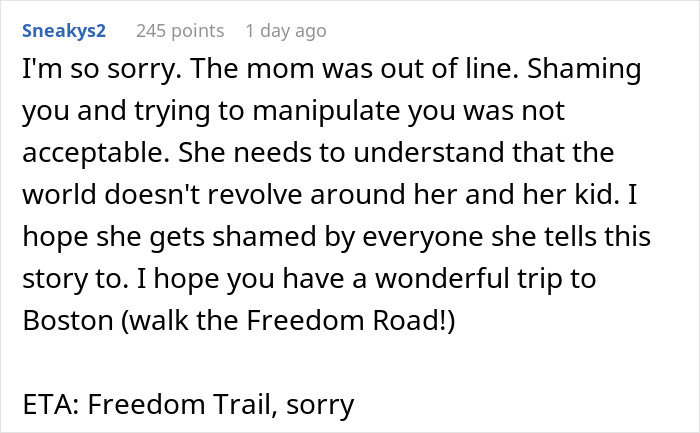 Comment expressing sympathy for cancer survivor moved from plane seat by entitled woman with kid, supporting travel to Boston. Comment expressing sympathy for cancer survivor moved from plane seat by entitled woman with kid, supporting travel to Boston.