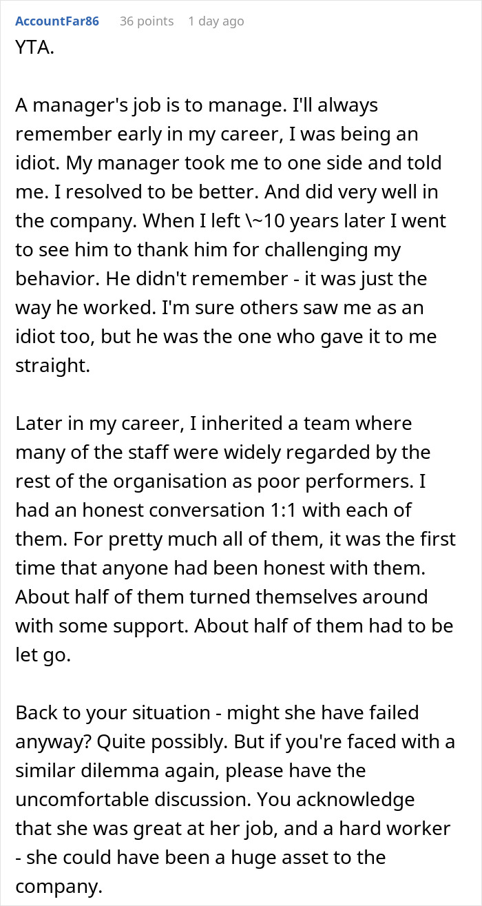 Screenshot of a Reddit comment discussing management, honesty, and the dilemma of telling a friend about getting fired. Screenshot of a Reddit comment discussing management, honesty, and the dilemma of telling a friend about getting fired.