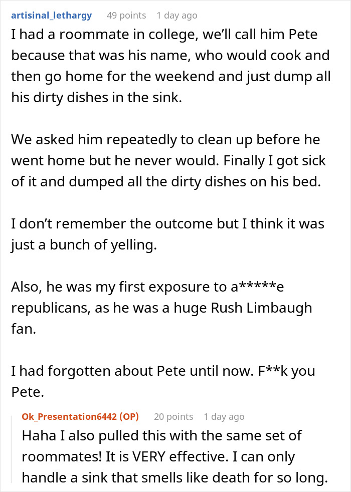 Text conversation about college students dealing with messy roommates and finally cleaning up when the only female roommate acts petty. Text conversation about college students dealing with messy roommates and finally cleaning up when the only female roommate acts petty.