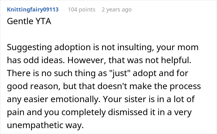 Comment discussing adoption suggestion and emotional pain of baby-mad woman who can’t conceive after two marriages. Comment discussing adoption suggestion and emotional pain of baby-mad woman who can’t conceive after two marriages.
