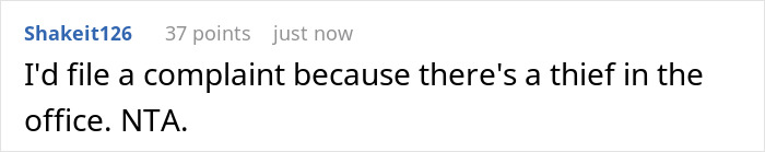 Screenshot of a comment discussing a woman’s custom baby shower cake ruined in a shared fridge and coworkers' opinions.