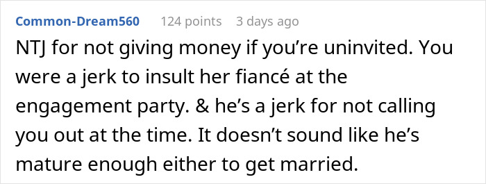 Screenshot of a forum comment discussing the groom discount insult and refusal to lend $2K in a wedding dispute. Screenshot of a forum comment discussing the groom discount insult and refusal to lend $2K in a wedding dispute.