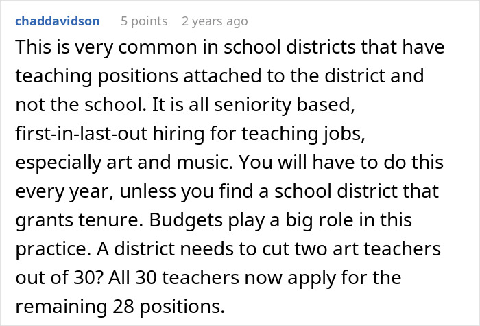 Comment discussing work making reapply position in school districts with seniority and budget considerations. Comment discussing work making reapply position in school districts with seniority and budget considerations.
