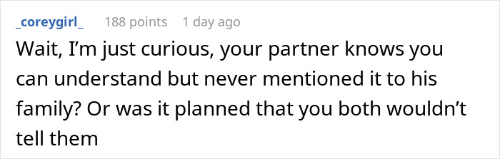 Comment discussing a partner’s family misunderstanding about language, relating to a guy’s family and his fiancé. Comment discussing a partner’s family misunderstanding about language, relating to a guy’s family and his fiancé.