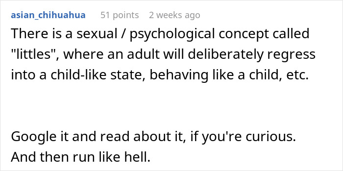 Comment explaining the psychological concept of "littles," where adults regress into child-like behavior, related to obsession with looking like an Asian child. Comment explaining the psychological concept of "littles," where adults regress into child-like behavior, related to obsession with looking like an Asian child.