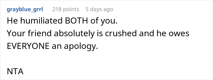 Screenshot of a social media comment discussing a man planning a public proposal at a wedding without asking, causing embarrassment.