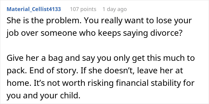 Comment discussing wife’s weird quirk causing travel difficulties and the impact on divorce considerations. Comment discussing wife’s weird quirk causing travel difficulties and the impact on divorce considerations.