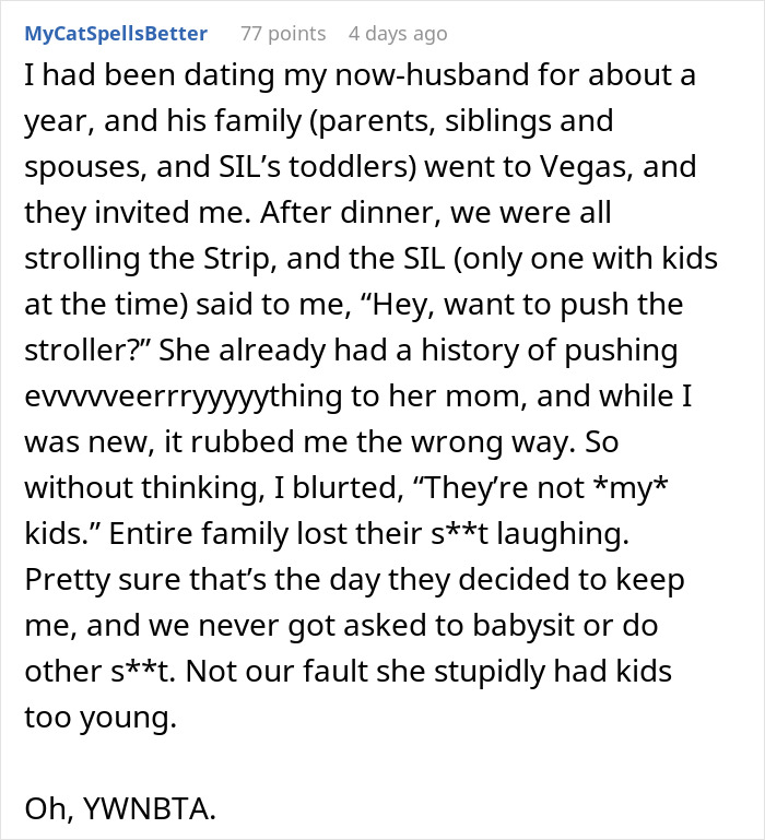 Text post from a user sharing a story about their sister-in-law (SIL) and babysitting challenges involving the SIL’s toddler. Text post from a user sharing a story about their sister-in-law (SIL) and babysitting challenges involving the SIL’s toddler.