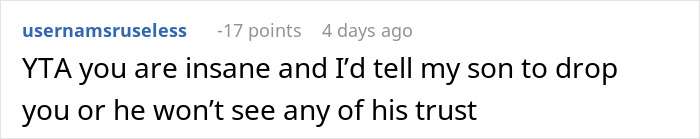 Screenshot of a Reddit comment where a user criticizes in-laws demanding a woman quit her job for emasculating their son. Screenshot of a Reddit comment where a user criticizes in-laws demanding a woman quit her job for emasculating their son.