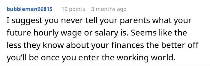 Forum comment advising a teen to keep future salary private to avoid parents impacting their financial future.
