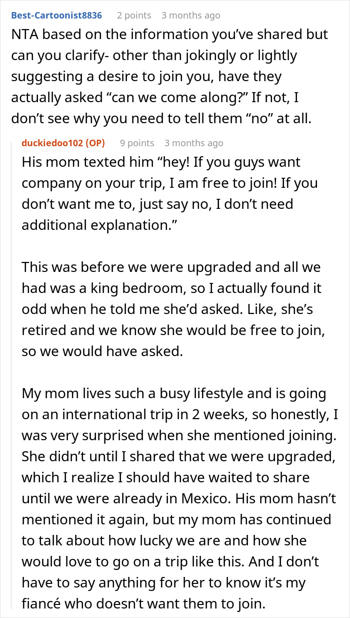 Reddit conversation about a couple’s stress-free trip before wedding and moms wanting to join and discuss guest lists. Reddit conversation about a couple’s stress-free trip before wedding and moms wanting to join and discuss guest lists.