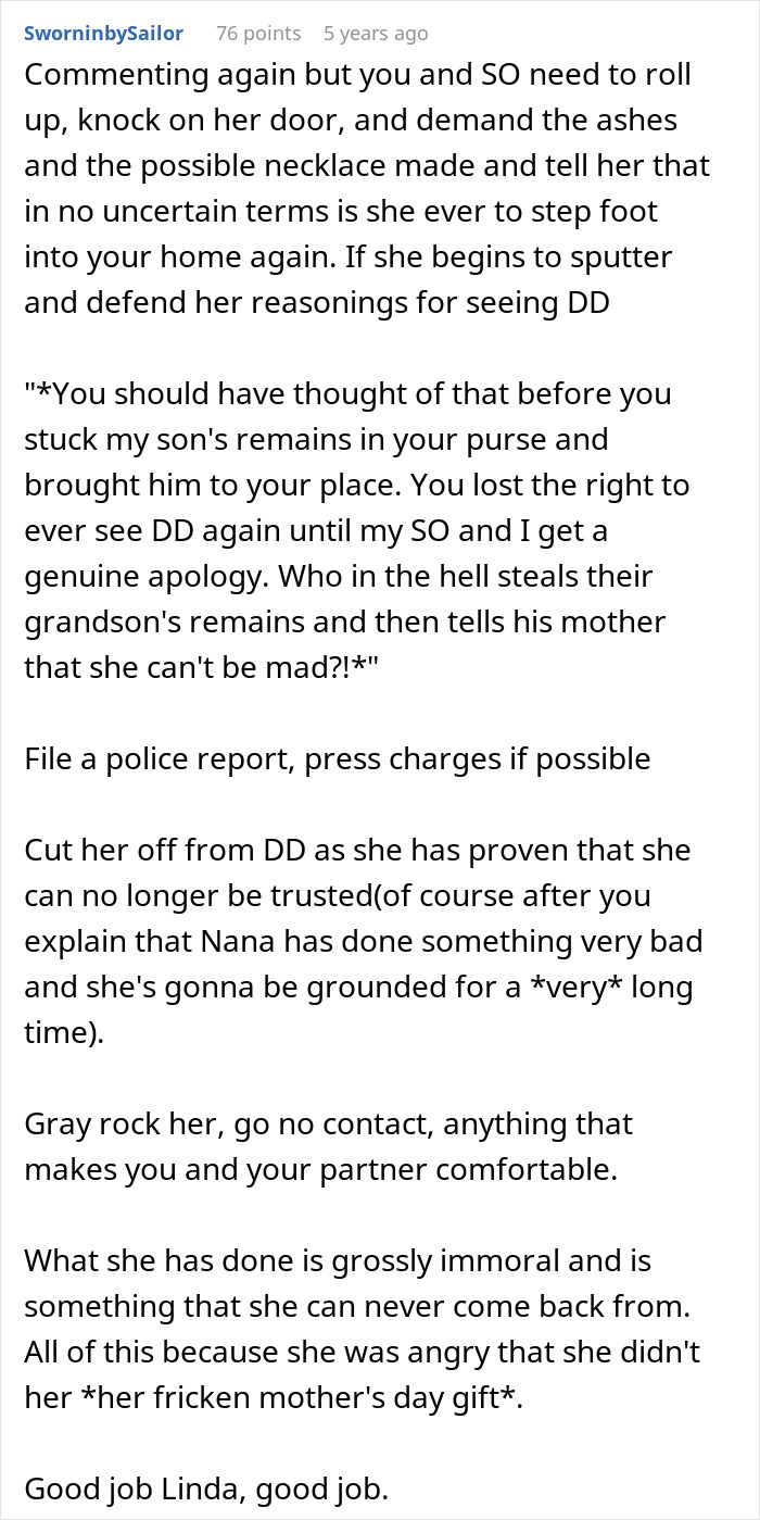 Comment discussing family drama after entitled grandma steals grandson’s ashes and dismisses the situation.