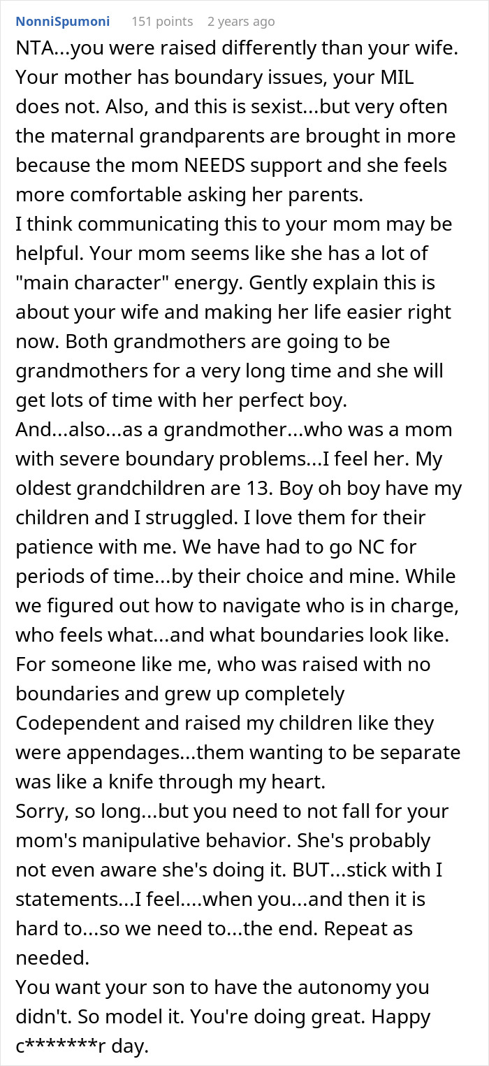 Comment discussing mom being overprotective and son allowing in-laws to help with baby while setting boundaries. Comment discussing mom being overprotective and son allowing in-laws to help with baby while setting boundaries.