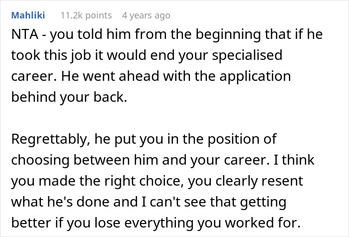 Comment discussing asking husband to turn down dream job career to protect specialized career and relationship balance. Comment discussing asking husband to turn down dream job career to protect specialized career and relationship balance.