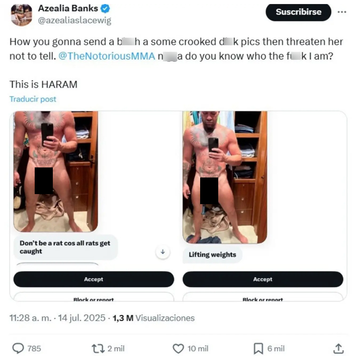 Screenshot of Azealia Banks' tweet sharing Conor McGregor's leaked X-rated photos with accusations and warnings. Screenshot of Azealia Banks' tweet sharing Conor McGregor's leaked X-rated photos with accusations and warnings.