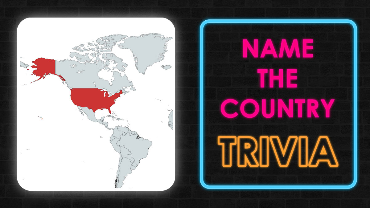 World map highlighting countries in red next to neon sign reading name the country trivia for geography country game.