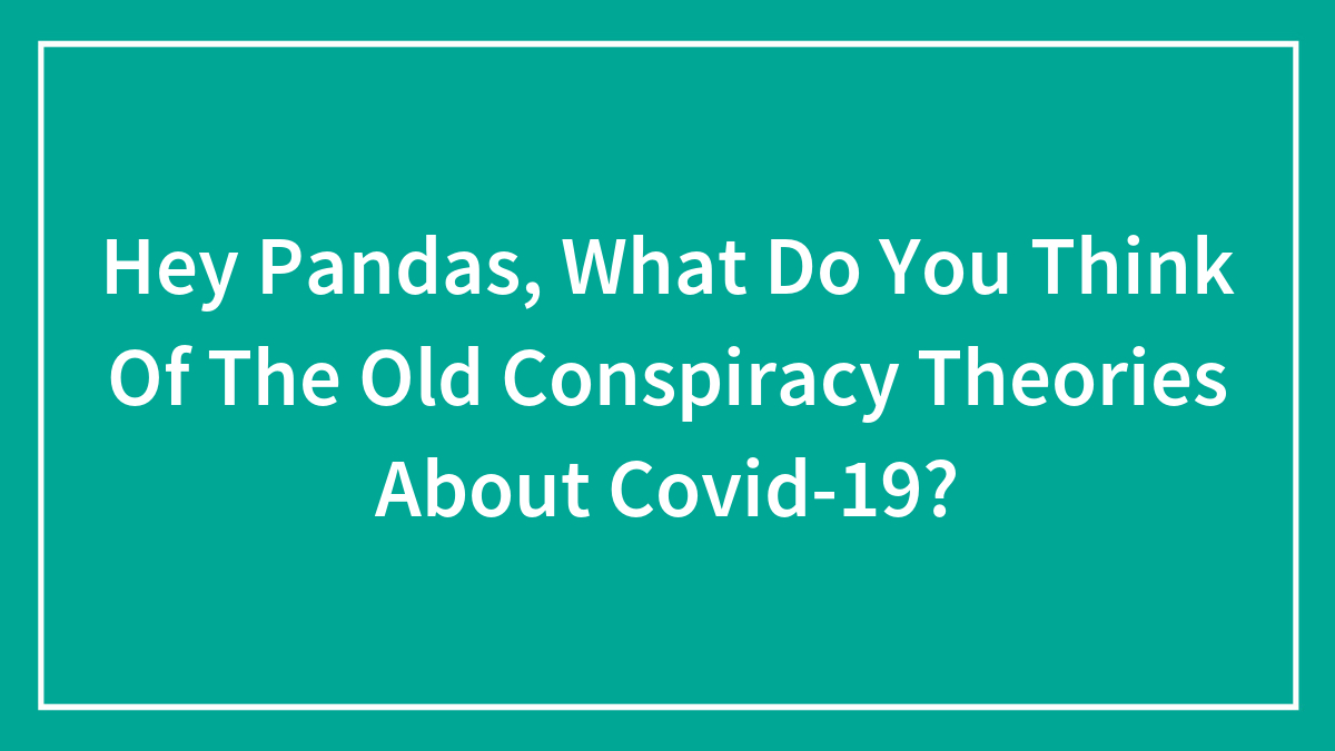 Text graphic with main SEO keywords about old conspiracy theories and Covid-19 in a teal background with white border.