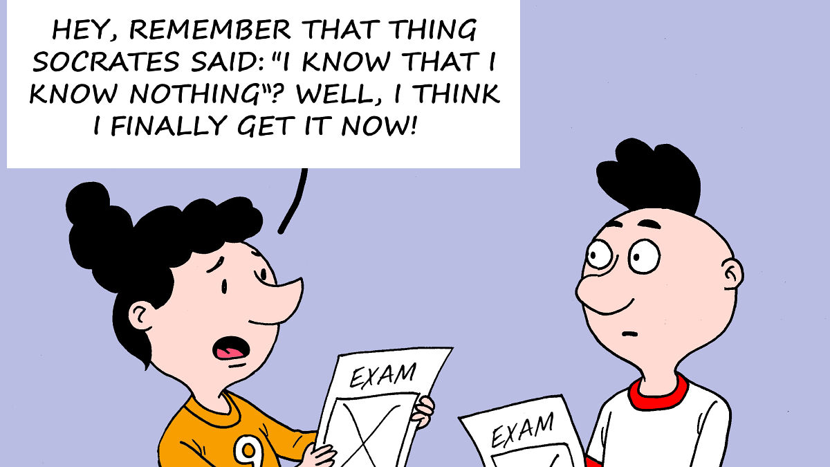 Two cartoon characters discuss exam results in a comic strip from The Adventures Of Wences series.