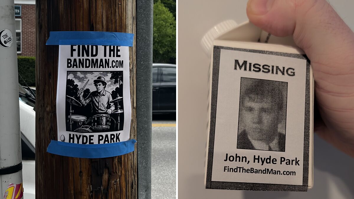 Missing milk carton and street poster to find high school friend John from Hyde Park using missing milk cartons and posters.