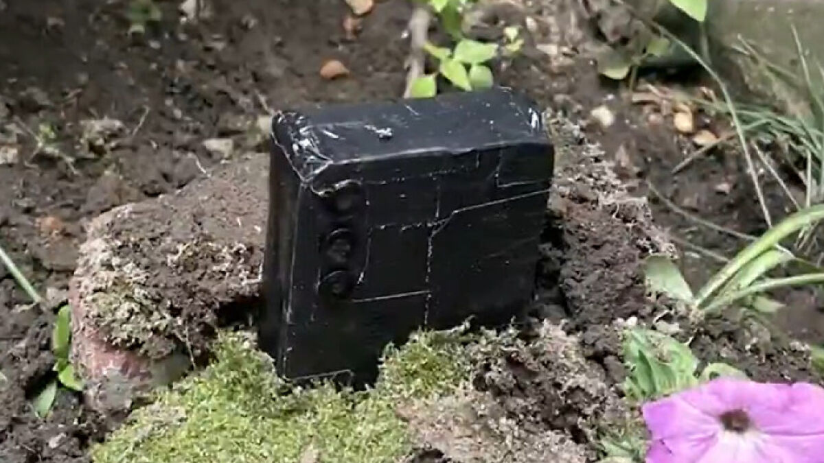 Black phone wrapped in tape partially buried in dirt and moss in a yard amid plants and a purple flower.