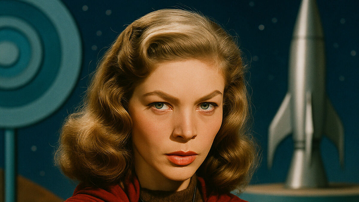 Retro Hollywood style woman in vintage hair and makeup with a rocket ship in the background, Marvel Universe AI visual experiment.