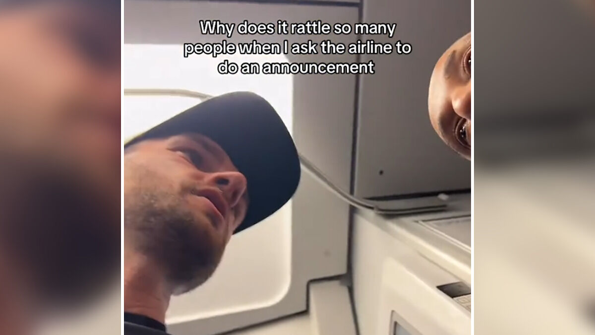 Passenger making allergy request announcement on a flight, capturing reactions from other passengers in the cabin.