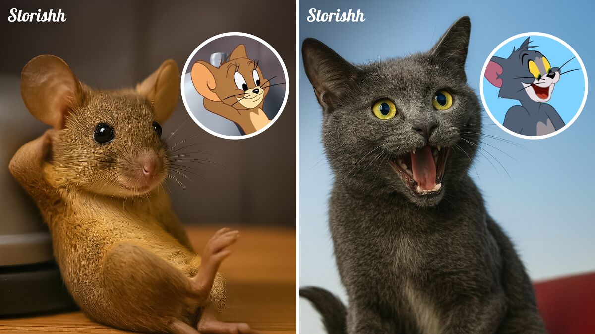 Realistic AI depiction of Tom and Jerry characters as a gray cat and a brown mouse in natural settings.