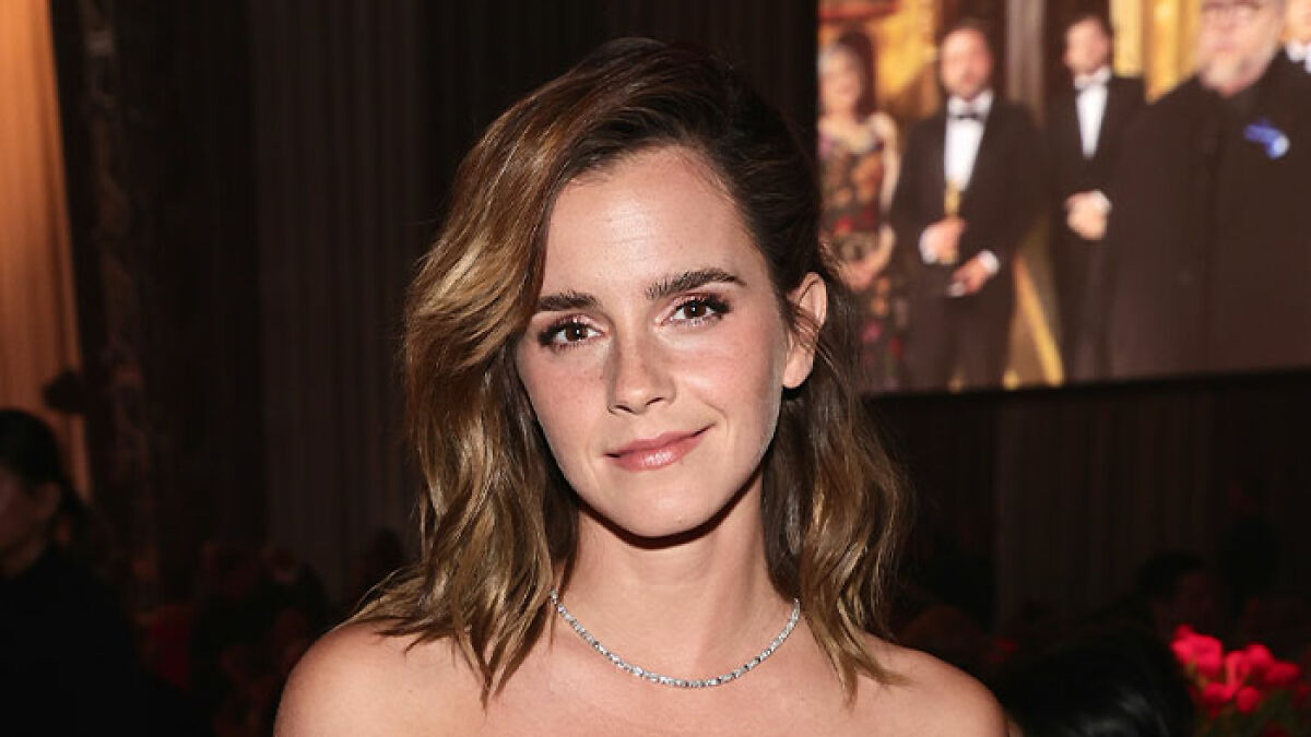 Emma Watson at a formal event with softly curled hair and a silver necklace, facing potential legal trouble and ban.
