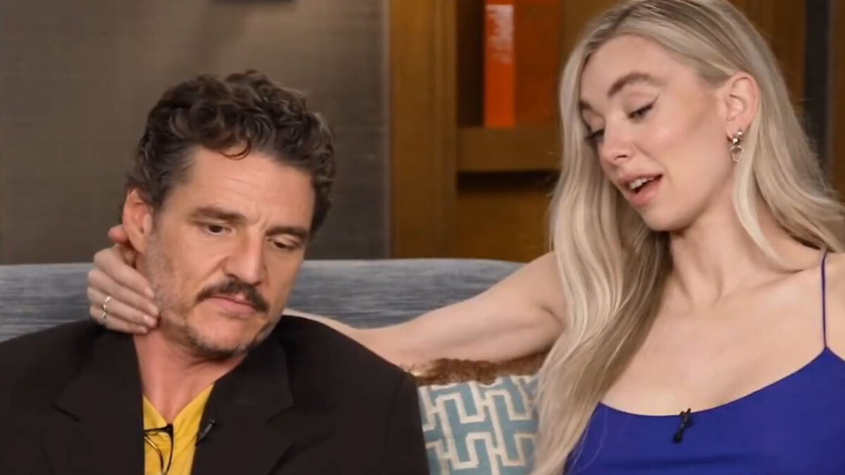 Pedro Pascal and Vanessa Kirby in a candid moment during a press tour interview sparking social media reactions.