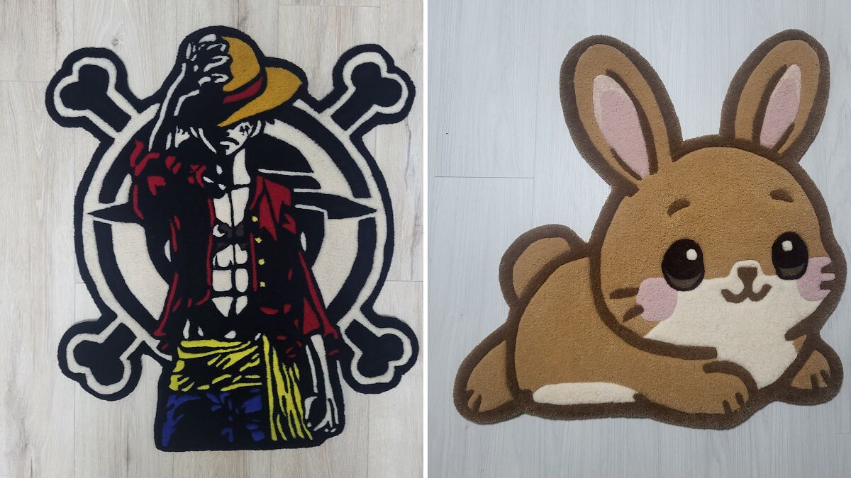 Handmade rugs featuring a character with a hat and a cute cartoon bunny on light wooden floors.