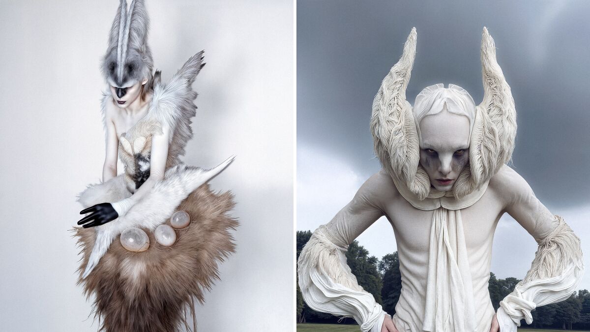 Two dark surrealistic art figures by Andrey Tyurin with elaborate costumes and eerie, otherworldly designs.