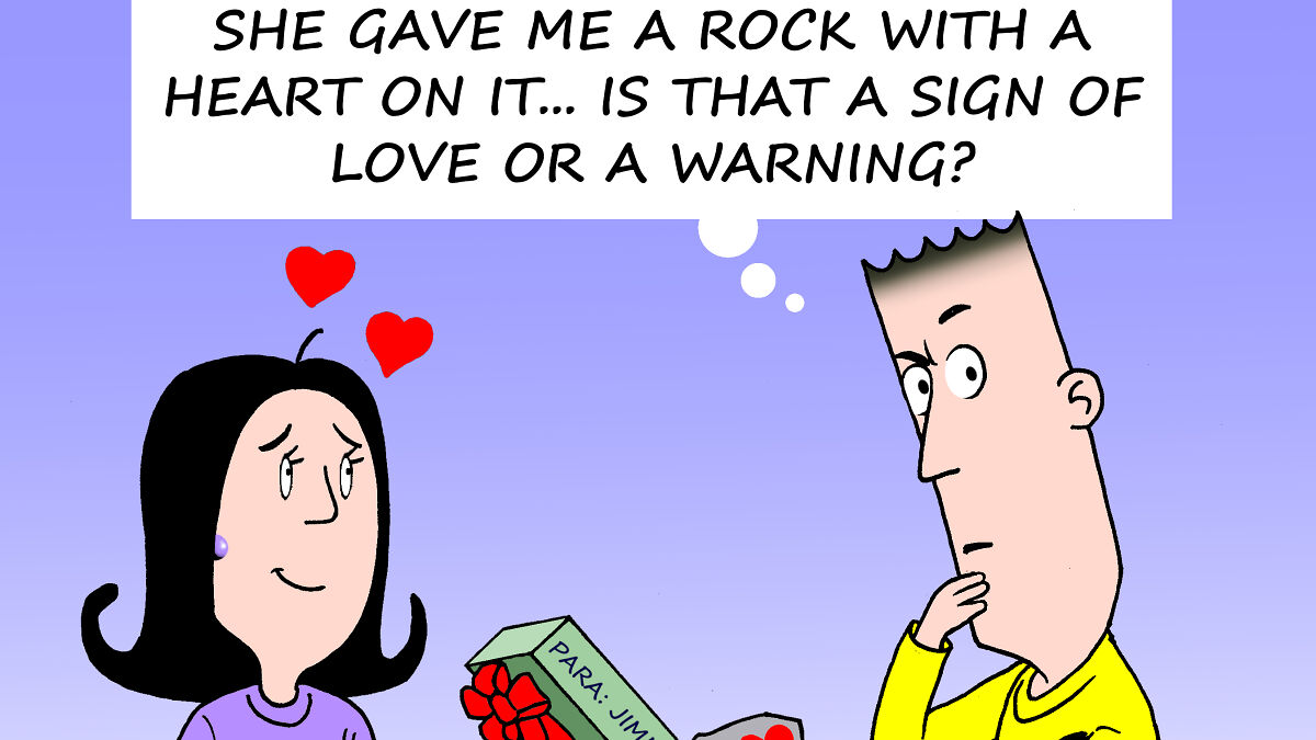 Cartoon of a man puzzled by a heart-decorated rock gift from a woman with hearts above her head, comic strips theme.