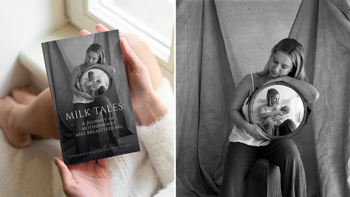 Woman holding a book about breastfeeding stories with a photo of a mother breastfeeding her baby in a mirror reflection.