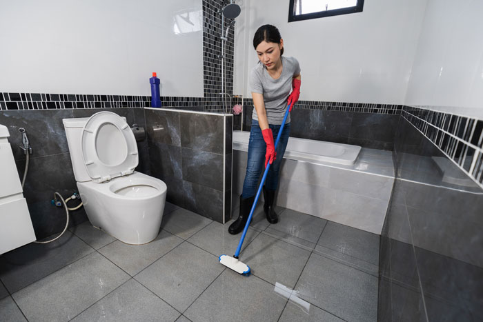 Custodian wearing red gloves cleaning bathroom floor with mop, highlighting issue with feminine hygiene waste bins. Custodian wearing red gloves cleaning bathroom floor with mop, highlighting issue with feminine hygiene waste bins.