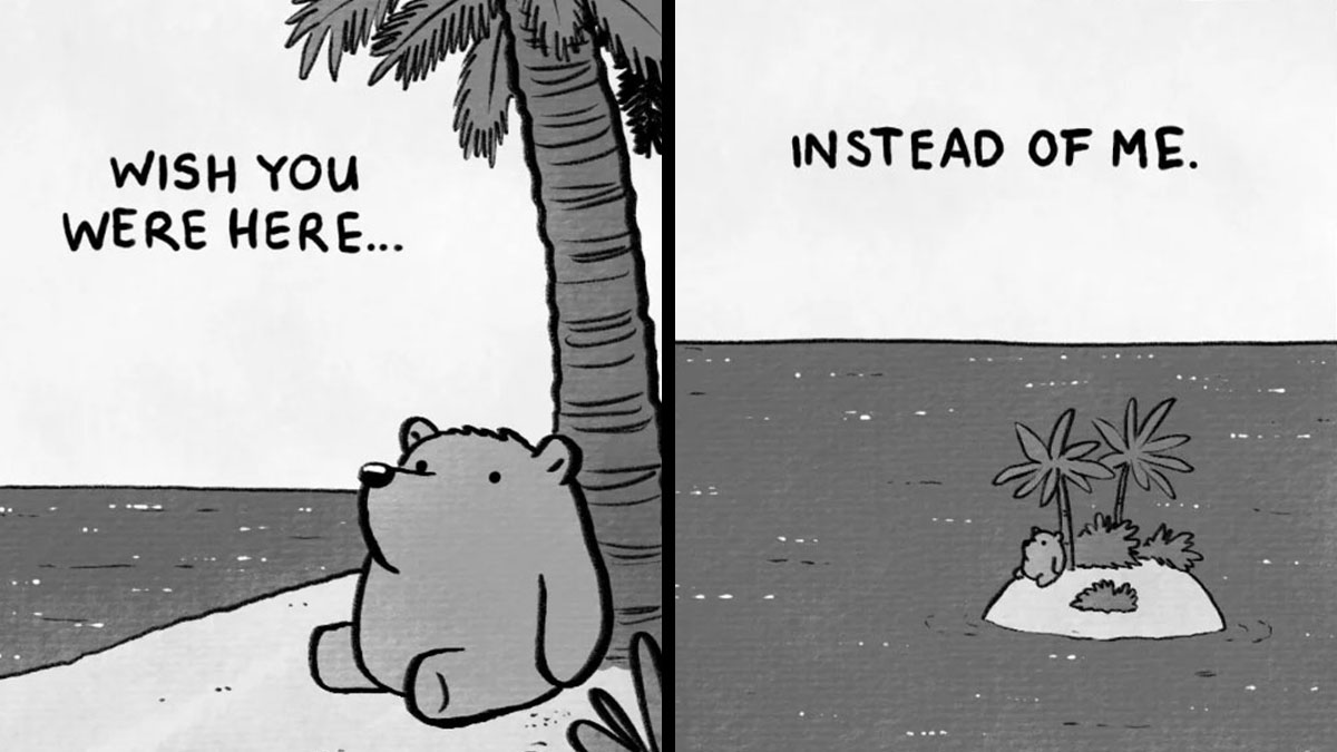 Chuckleworthy comic with a bear on a beach and a tiny island, highlighting humor in the newest comic strip.