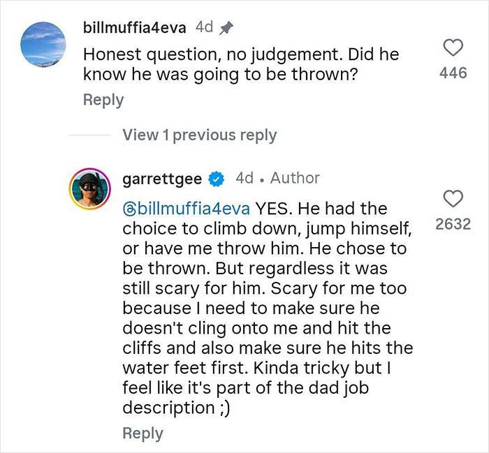 Comment exchange about dad throwing son off cliff to face fears, discussing safety and choice in daring parenting moment. Comment exchange about dad throwing son off cliff to face fears, discussing safety and choice in daring parenting moment.