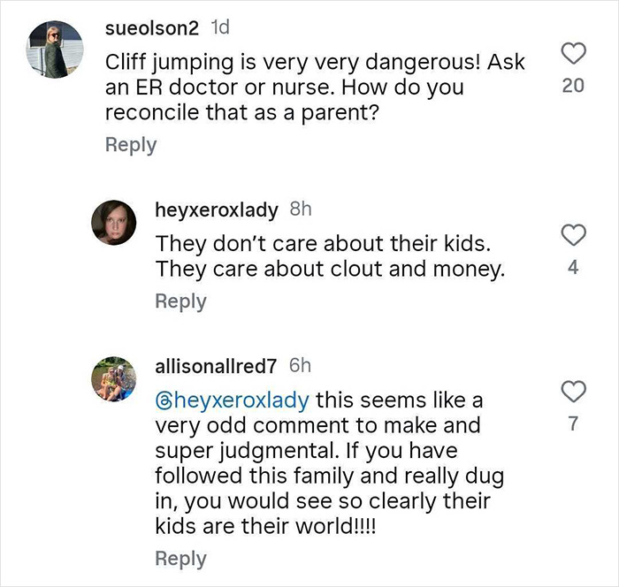 Comments discussing dangers of cliff jumping and parenting criticism related to dad throwing son off cliff to face fears. Comments discussing dangers of cliff jumping and parenting criticism related to dad throwing son off cliff to face fears.