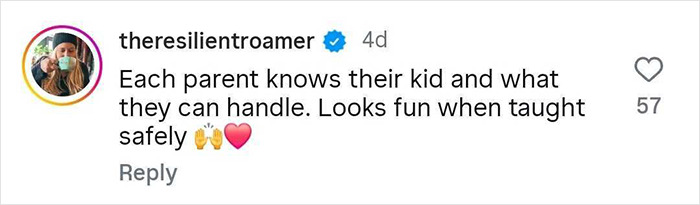 Instagram comment from theresilientroamer supporting parenting choices about teaching kids to face fears safely with emojis. Instagram comment from theresilientroamer supporting parenting choices about teaching kids to face fears safely with emojis.