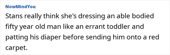 Screenshot of a social media comment criticizing Pedro Pascal's stylist for her controversial Twitter rants at fans. Screenshot of a social media comment criticizing Pedro Pascal's stylist for her controversial Twitter rants at fans.