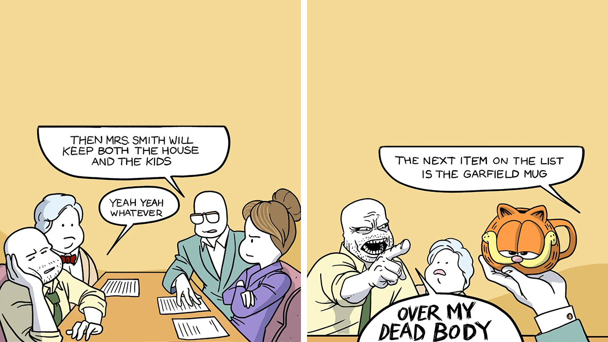 Comic panels showing dark humor in a divorce negotiation with a character threatening over a Garfield mug.