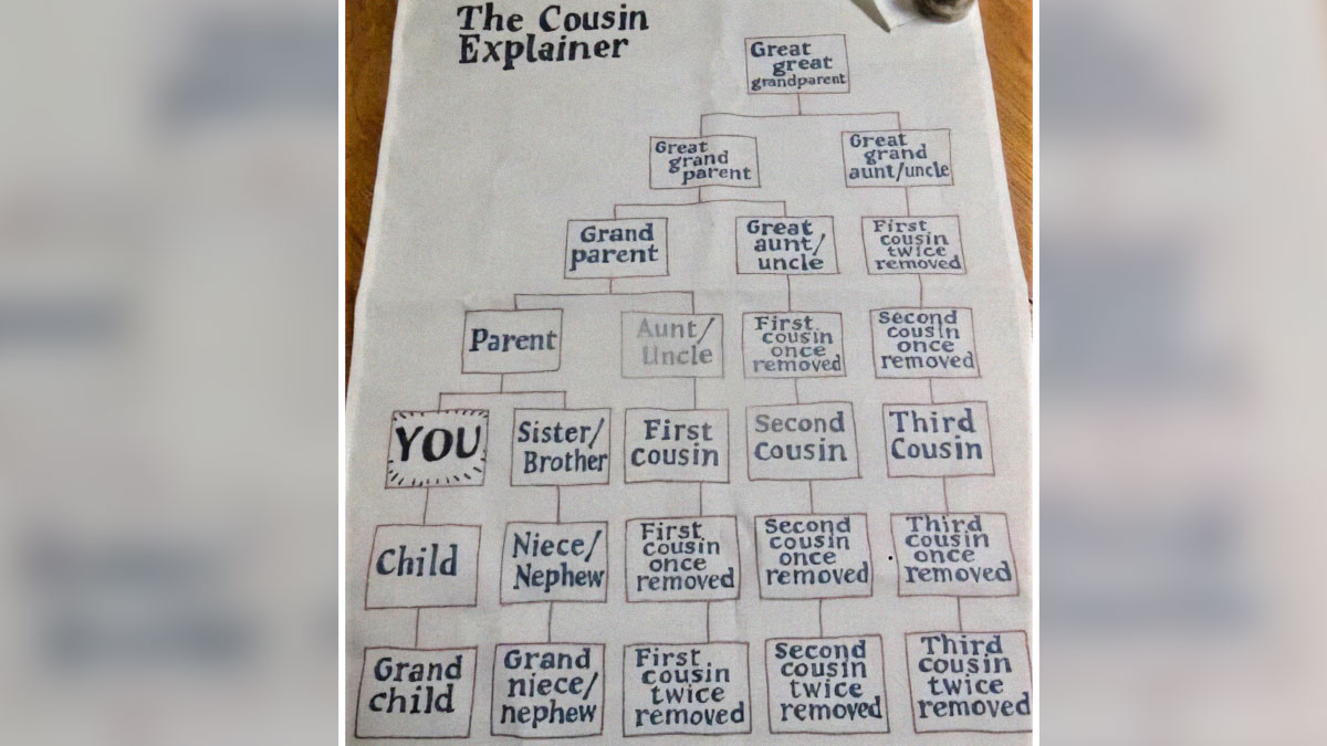 Hand-drawn infographic explaining cousin relationships in a family tree with clear labeled connections and generations.