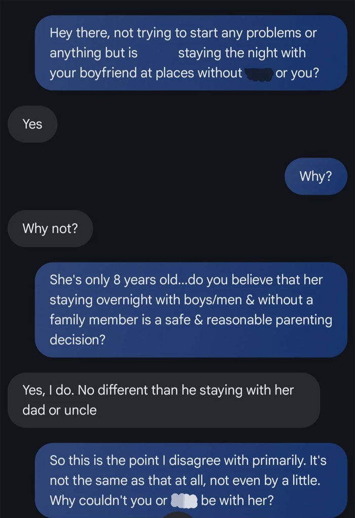 Text message exchange about an 8-year-old spending the night at mom's boyfriend's house without family or female present. Text message exchange about an 8-year-old spending the night at mom's boyfriend's house without family or female present.